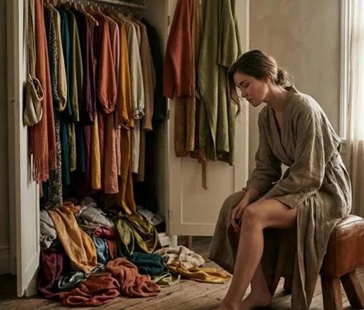 Woman sitting by an open, full wardrobe with clothes piled on the floor, looking overwhelmed