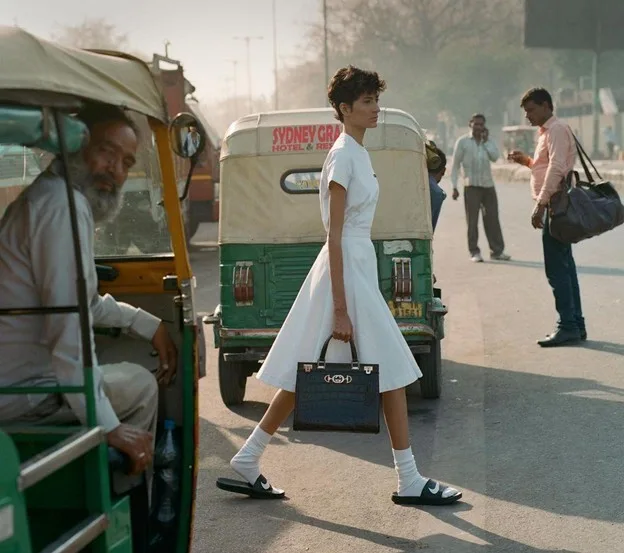 Woman in a polished white outfit crossing a busy Indian city street with autos and pedestrians