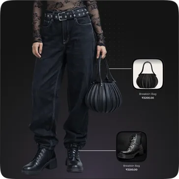 Outfit with digital call-outs tagging bag and boots, suggesting an AI fashion shopping or styling interface