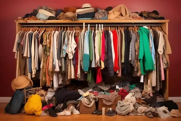 Overflowing wooden wardrobe packed with clothes, piles on shelves and floor, illustrating wardrobe overwhelm